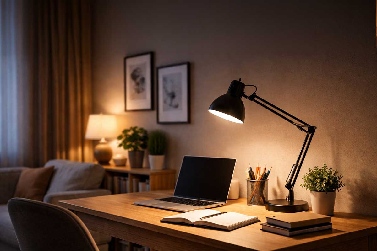 Pracovní osvětlení na stole – lampička nasměrovaná na pracovní plochu pro lepší viditelnost