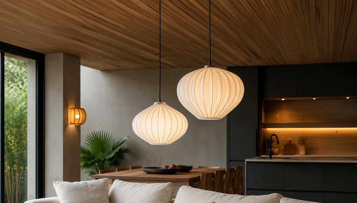 Moderní interiér s designovým závěsným osvětlením v obývacím pokoji a jídelně