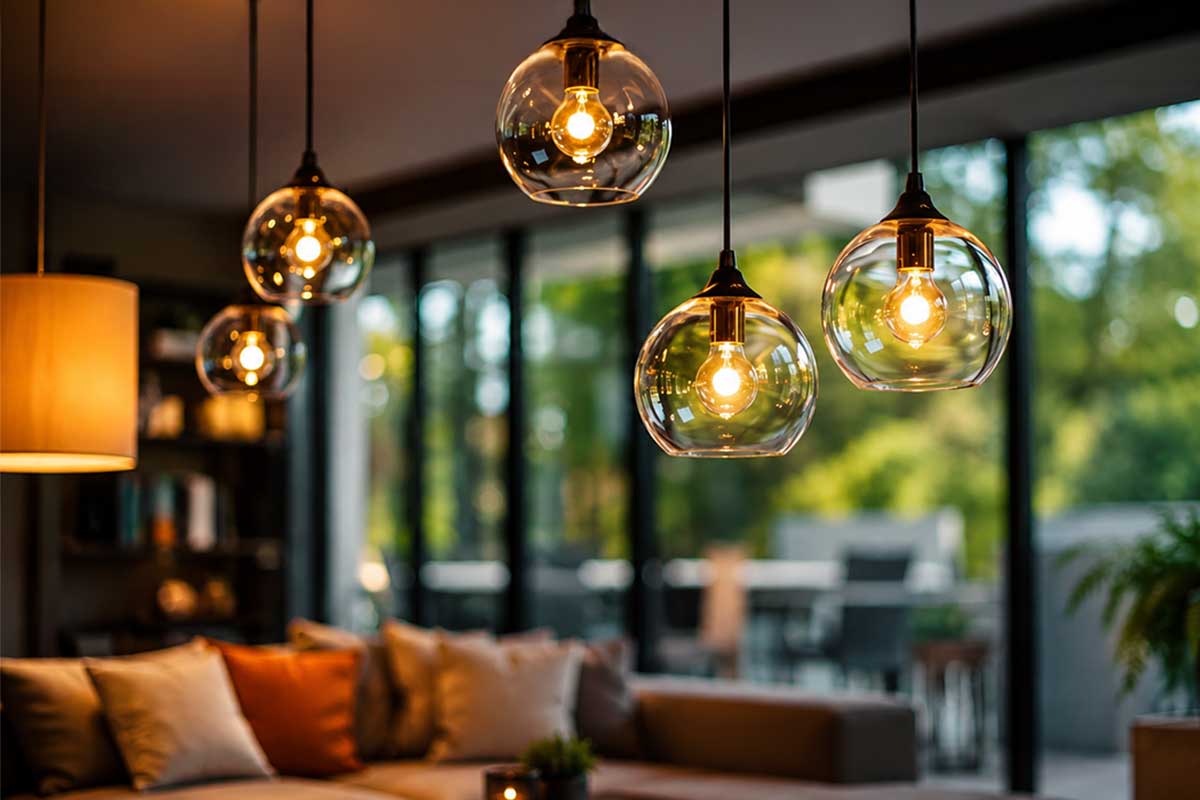 Jak vybrat LED žárovku – moderní interiér osvětlený závěsnými LED svítidly