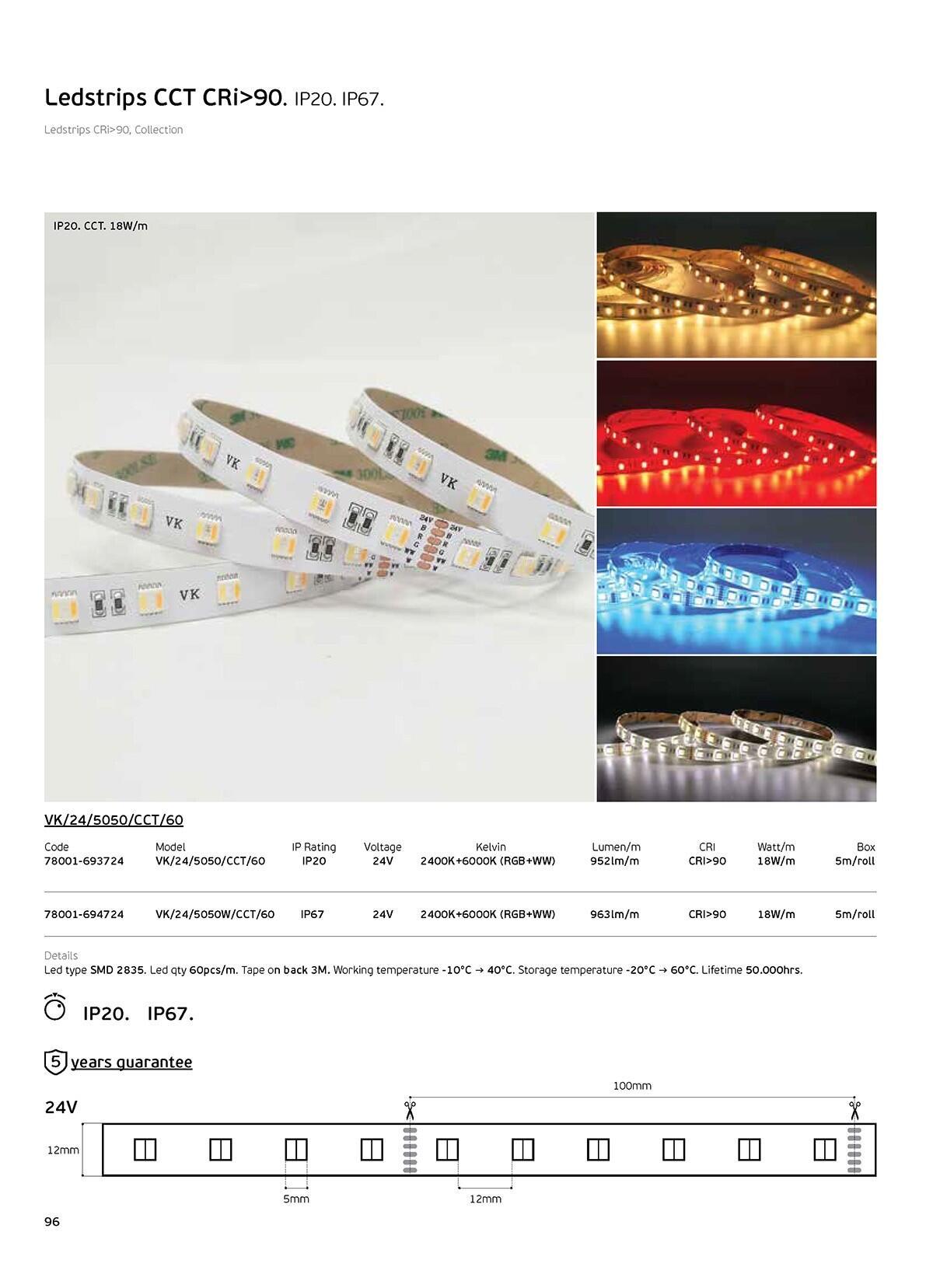 LED pásek RGB+CCT 24V 18W/m CRI90 IP20 2400K–6000K (5m)