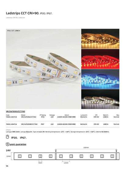 LED pásek RGB+CCT 24V 18W/m CRI90 IP20 2400K–6000K (5m)